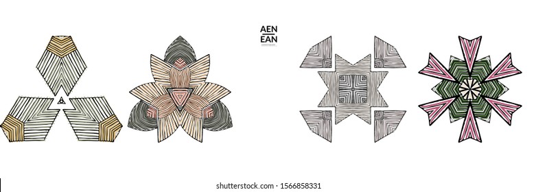 Abstract geometric shape with roughly hand drawn black lines and colored stripes. Striped symmetrical geometrical symbol. Vector isolated on white. Properly grouped for black outline and colored part.