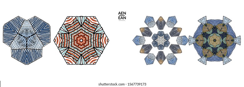 Abstract geometric shape with roughly hand drawn black lines and colored stripes. Striped symmetrical geometrical symbol. Vector isolated on white. Properly grouped for black outline and colored part.