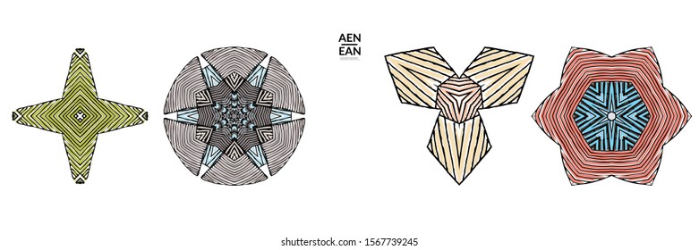 Abstract geometric shape with roughly hand drawn black lines and colored stripes. Striped symmetrical geometrical symbol. Vector isolated on white. Properly grouped for black outline and colored part.