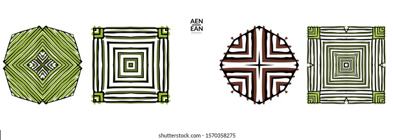 Abstract geometric shape with roughly hand drawn black lines and colored stripes. Striped symmetrical geometrical symbol. Vector isolated on white. Properly grouped for black outline and colored part.
