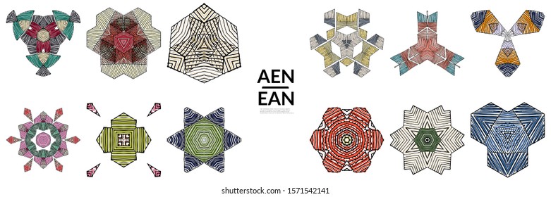 Abstract geometric shape with roughly hand drawn black lines and colored stripes. Striped symmetrical geometrical symbol. Vector isolated on white. Properly grouped for black outline and colored part.