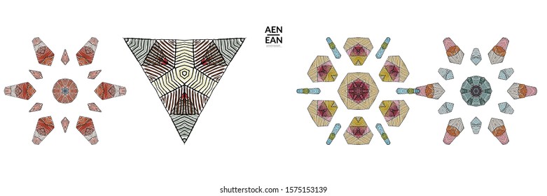 Abstract geometric shape with roughly hand drawn black lines and colored stripes. Striped symmetrical geometrical symbol. Vector isolated on white. Properly grouped for black outline and colored part.