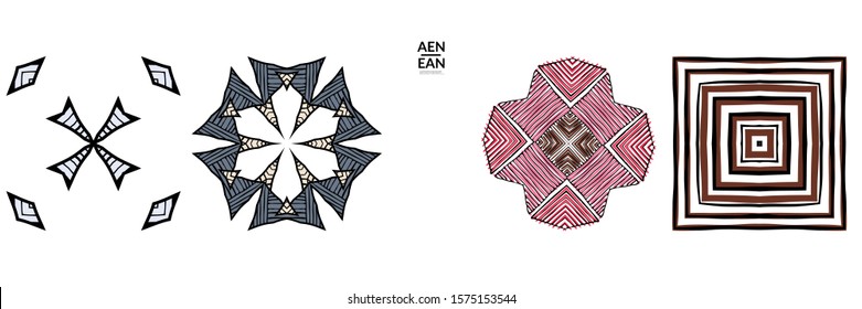 Abstract geometric shape with roughly hand drawn black lines and colored stripes. Striped symmetrical geometrical symbol. Vector isolated on white. Properly grouped for black outline and colored part.