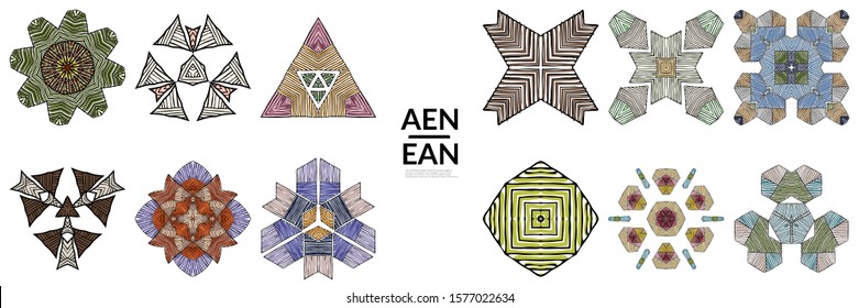 Abstract geometric shape with roughly hand drawn black lines and colored stripes. Striped symmetrical geometrical symbol. Vector isolated on white. Properly grouped for black outline and colored part.
