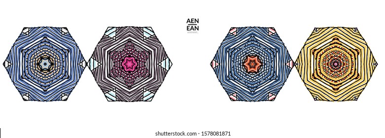 Abstract geometric shape with roughly hand drawn black lines and colored stripes. Striped symmetrical geometrical symbol. Vector isolated on white. Properly grouped for black outline and colored part.