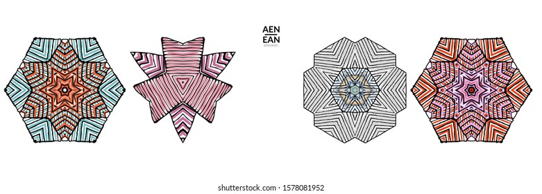 Abstract geometric shape with roughly hand drawn black lines and colored stripes. Striped symmetrical geometrical symbol. Vector isolated on white. Properly grouped for black outline and colored part.