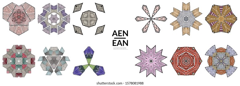 Abstract geometric shape with roughly hand drawn black lines and colored stripes. Striped symmetrical geometrical symbol. Vector isolated on white. Properly grouped for black outline and colored part.