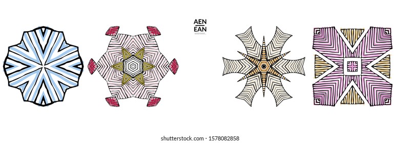Abstract geometric shape with roughly hand drawn black lines and colored stripes. Striped symmetrical geometrical symbol. Vector isolated on white. Properly grouped for black outline and colored part.