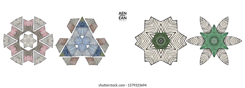 Abstract geometric shape with roughly hand drawn black lines and colored stripes. Striped symmetrical geometrical symbol. Vector isolated on white. Properly grouped for black outline and colored part.