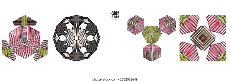 Abstract geometric shape with roughly hand drawn black lines and colored stripes. Striped symmetrical geometrical symbol. Vector isolated on white. Properly grouped for black outline and colored part.