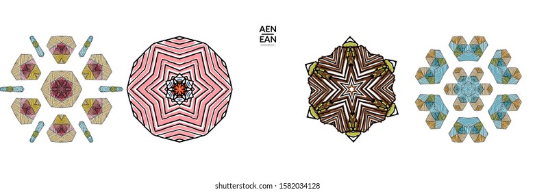 Abstract geometric shape with roughly hand drawn black lines and colored stripes. Striped symmetrical geometrical symbol. Vector isolated on white. Properly grouped for black outline and colored part.