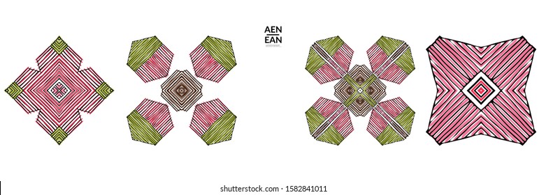 Abstract geometric shape with roughly hand drawn black lines and colored stripes. Striped symmetrical geometrical symbol. Vector isolated on white. Properly grouped for black outline and colored part.