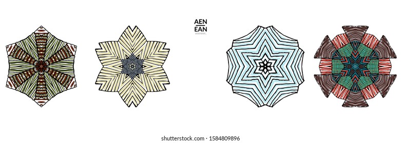 Abstract geometric shape with roughly hand drawn black lines and colored stripes. Striped symmetrical geometrical symbol. Vector isolated on white. Properly grouped for black outline and colored part.