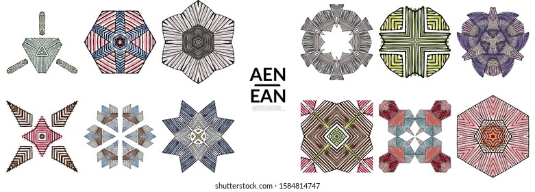 Abstract geometric shape with roughly hand drawn black lines and colored stripes. Striped symmetrical geometrical symbol. Vector isolated on white. Properly grouped for black outline and colored part.