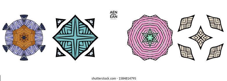 Abstract geometric shape with roughly hand drawn black lines and colored stripes. Striped symmetrical geometrical symbol. Vector isolated on white. Properly grouped for black outline and colored part.