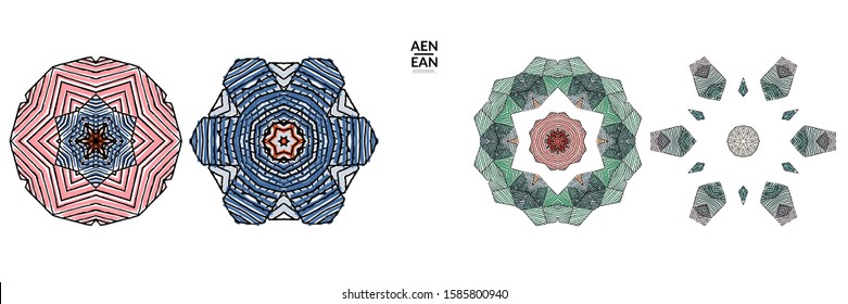 Abstract geometric shape with roughly hand drawn black lines and colored stripes. Striped symmetrical geometrical symbol. Vector isolated on white. Properly grouped for black outline and colored part.