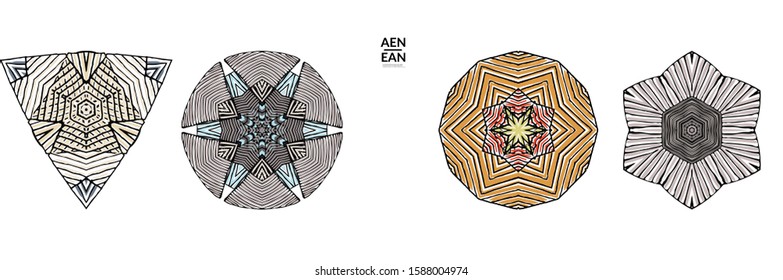 Abstract geometric shape with roughly hand drawn black lines and colored stripes. Striped symmetrical geometrical symbol. Vector isolated on white. Properly grouped for black outline and colored part.
