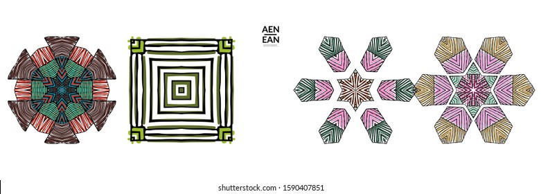 Abstract geometric shape with roughly hand drawn black lines and colored stripes. Striped symmetrical geometrical symbol. Vector isolated on white. Properly grouped for black outline and colored part.