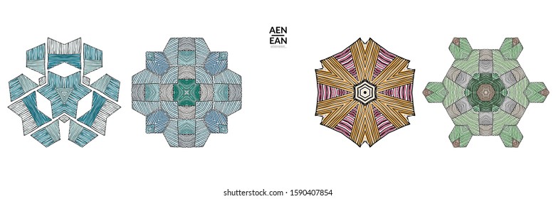 Abstract geometric shape with roughly hand drawn black lines and colored stripes. Striped symmetrical geometrical symbol. Vector isolated on white. Properly grouped for black outline and colored part.