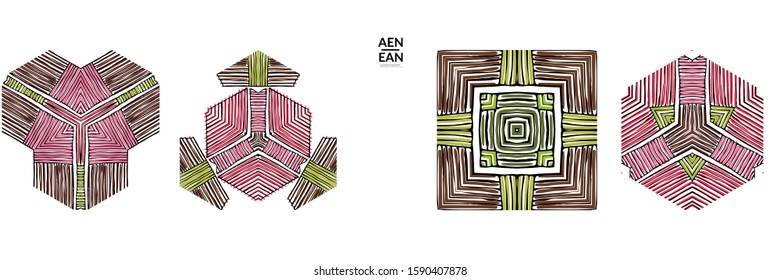 Abstract geometric shape with roughly hand drawn black lines and colored stripes. Striped symmetrical geometrical symbol. Vector isolated on white. Properly grouped for black outline and colored part.