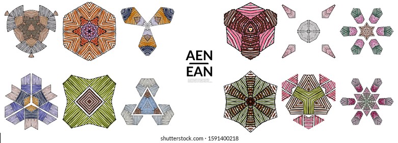 Abstract geometric shape with roughly hand drawn black lines and colored stripes. Striped symmetrical geometrical symbol. Vector isolated on white. Properly grouped for black outline and colored part.