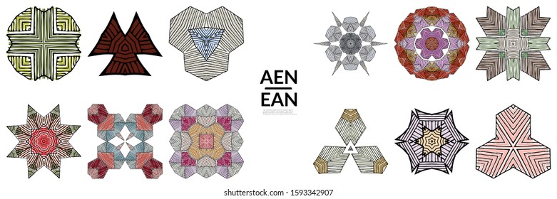 Abstract geometric shape with roughly hand drawn black lines and colored stripes. Striped symmetrical geometrical symbol. Vector isolated on white. Properly grouped for black outline and colored part.