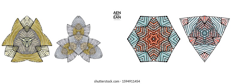Abstract geometric shape with roughly hand drawn black lines and colored stripes. Striped symmetrical geometrical symbol. Vector isolated on white. Properly grouped for black outline and colored part.