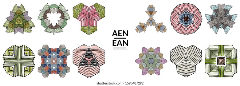 Abstract geometric shape with roughly hand drawn black lines and colored stripes. Striped symmetrical geometrical symbol. Vector isolated on white. Properly grouped for black outline and colored part.