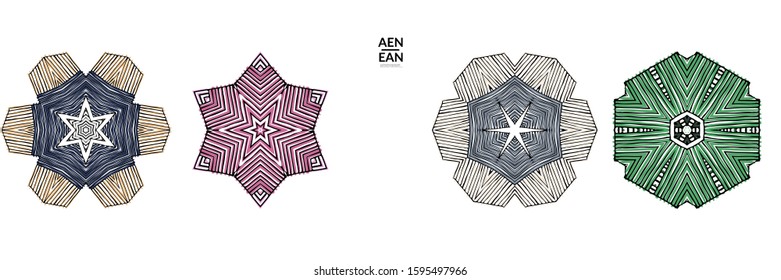 Abstract geometric shape with roughly hand drawn black lines and colored stripes. Striped symmetrical geometrical symbol. Vector isolated on white. Properly grouped for black outline and colored part.