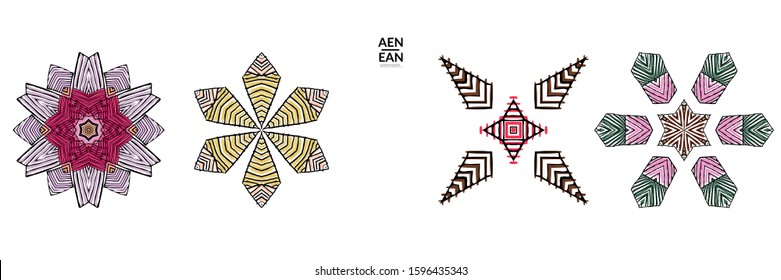 Abstract geometric shape with roughly hand drawn black lines and colored stripes. Striped symmetrical geometrical symbol. Vector isolated on white. Properly grouped for black outline and colored part.