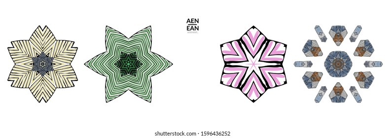Abstract geometric shape with roughly hand drawn black lines and colored stripes. Striped symmetrical geometrical symbol. Vector isolated on white. Properly grouped for black outline and colored part.