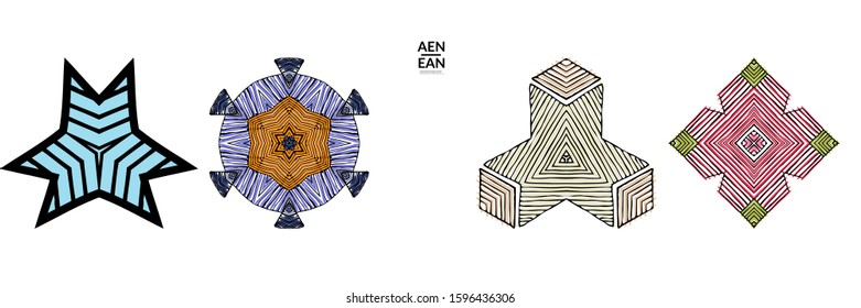 Abstract geometric shape with roughly hand drawn black lines and colored stripes. Striped symmetrical geometrical symbol. Vector isolated on white. Properly grouped for black outline and colored part.