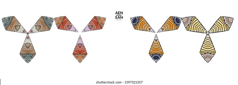 Abstract geometric shape with roughly hand drawn black lines and colored stripes. Striped symmetrical geometrical symbol. Vector isolated on white. Properly grouped for black outline and colored part.
