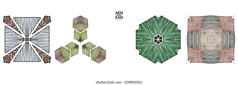 Abstract geometric shape with roughly hand drawn black lines and colored stripes. Striped symmetrical geometrical symbol. Vector isolated on white. Properly grouped for black outline and colored part.