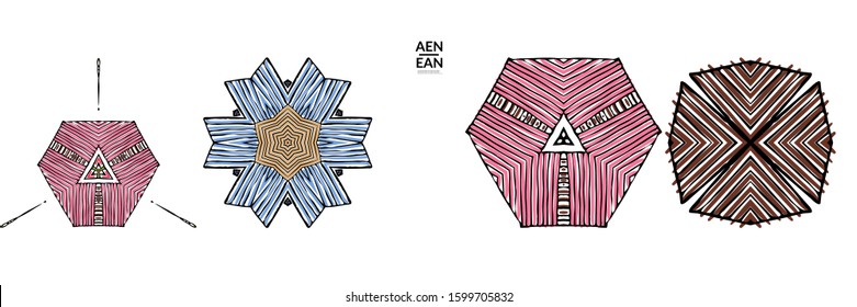 Abstract geometric shape with roughly hand drawn black lines and colored stripes. Striped symmetrical geometrical symbol. Vector isolated on white. Properly grouped for black outline and colored part.
