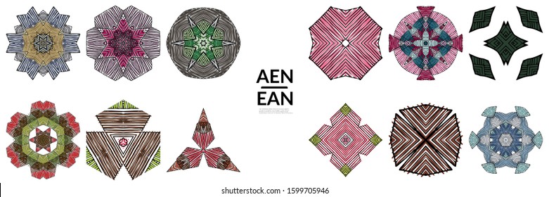 Abstract geometric shape with roughly hand drawn black lines and colored stripes. Striped symmetrical geometrical symbol. Vector isolated on white. Properly grouped for black outline and colored part.