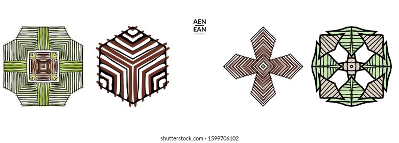 Abstract geometric shape with roughly hand drawn black lines and colored stripes. Striped symmetrical geometrical symbol. Vector isolated on white. Properly grouped for black outline and colored part.