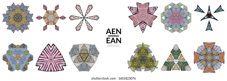 Abstract geometric shape with roughly hand drawn black lines and colored stripes. Striped symmetrical geometrical symbol. Vector isolated on white. Properly grouped for black outline and colored part.