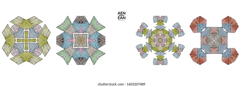 Abstract geometric shape with roughly hand drawn black lines and colored stripes. Striped symmetrical geometrical symbol. Vector isolated on white. Properly grouped for black outline and colored part.