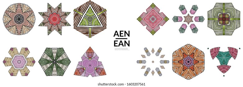 Abstract geometric shape with roughly hand drawn black lines and colored stripes. Striped symmetrical geometrical symbol. Vector isolated on white. Properly grouped for black outline and colored part.