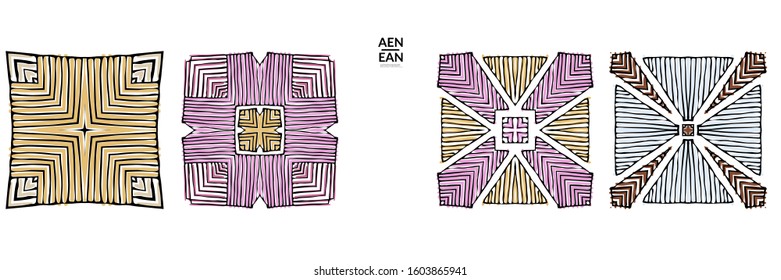 Abstract geometric shape with roughly hand drawn black lines and colored stripes. Striped symmetrical geometrical symbol. Vector isolated on white. Properly grouped for black outline and colored part.