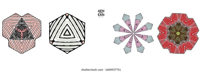 Abstract geometric shape with roughly hand drawn black lines and colored stripes. Striped symmetrical geometrical symbol. Vector isolated on white. Properly grouped for black outline and colored part.