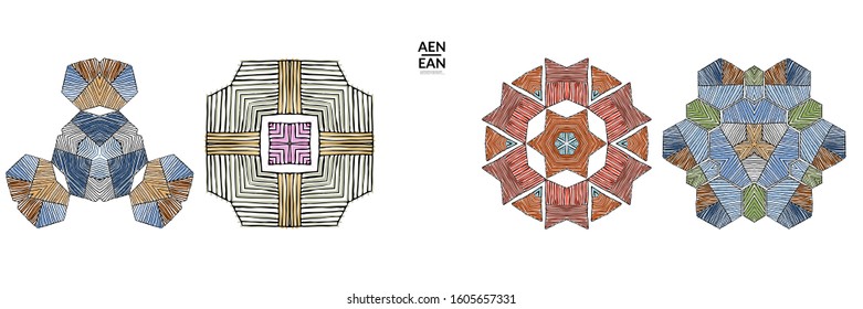 Abstract geometric shape with roughly hand drawn black lines and colored stripes. Striped symmetrical geometrical symbol. Vector isolated on white. Properly grouped for black outline and colored part.