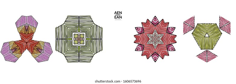 Abstract geometric shape with roughly hand drawn black lines and colored stripes. Striped symmetrical geometrical symbol. Vector isolated on white. Properly grouped for black outline and colored part.