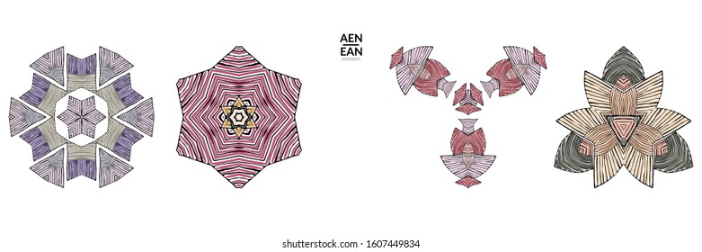 Abstract geometric shape with roughly hand drawn black lines and colored stripes. Striped symmetrical geometrical symbol. Vector isolated on white. Properly grouped for black outline and colored part.