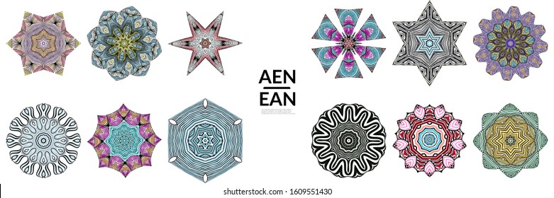 Abstract geometric shape with roughly hand drawn black lines and colored stripes. Striped symmetrical geometrical symbol. Vector isolated on white. Properly grouped for black outline and colored part.