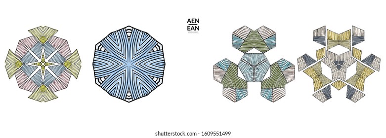 Abstract geometric shape with roughly hand drawn black lines and colored stripes. Striped symmetrical geometrical symbol. Vector isolated on white. Properly grouped for black outline and colored part.