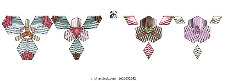 Abstract geometric shape with roughly hand drawn black lines and colored stripes. Striped symmetrical geometrical symbol. Vector isolated on white. Properly grouped for black outline and colored part.