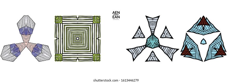 Abstract geometric shape with roughly hand drawn black lines and colored stripes. Striped symmetrical geometrical symbol. Vector isolated on white. Properly grouped for black outline and colored part.