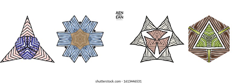 Abstract geometric shape with roughly hand drawn black lines and colored stripes. Striped symmetrical geometrical symbol. Vector isolated on white. Properly grouped for black outline and colored part.